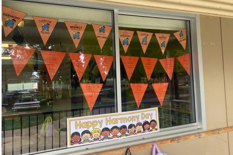 Harmony Day banner in classroom window