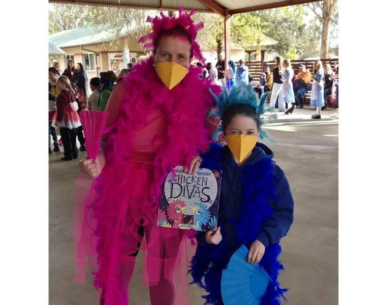 Teacher and daughter dressed as Chicken Divas for book week
